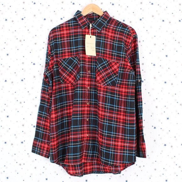 Tops - Boyfriend Plaid Shirt Button Black Red